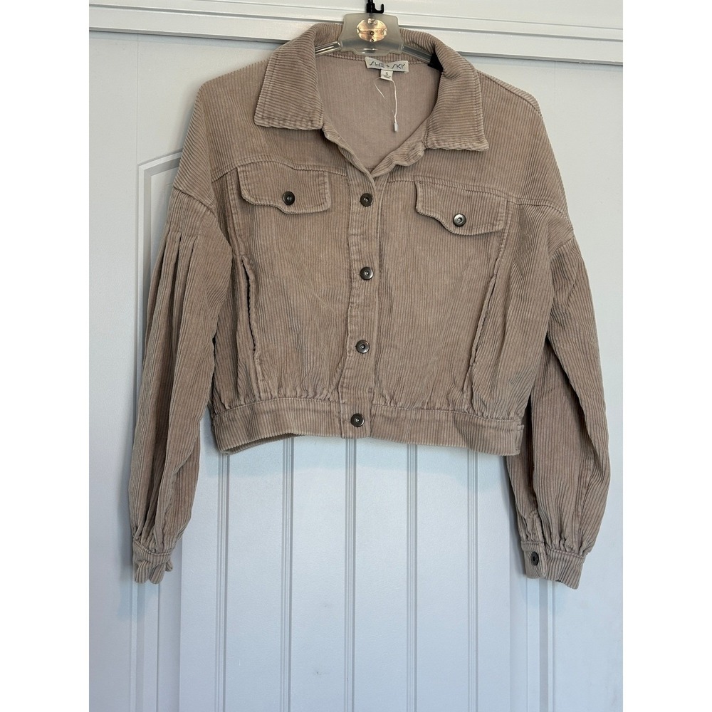 She + Sky Tan Corduroy Cropped Jacket Pleated Puff Sleeve Beige Womens Small - Picture 2 of 9